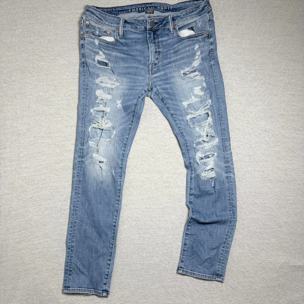 American Eagle Mens Slim Distressed Jeans 36x32 Blue Airflex+ Temp Tech Ripped